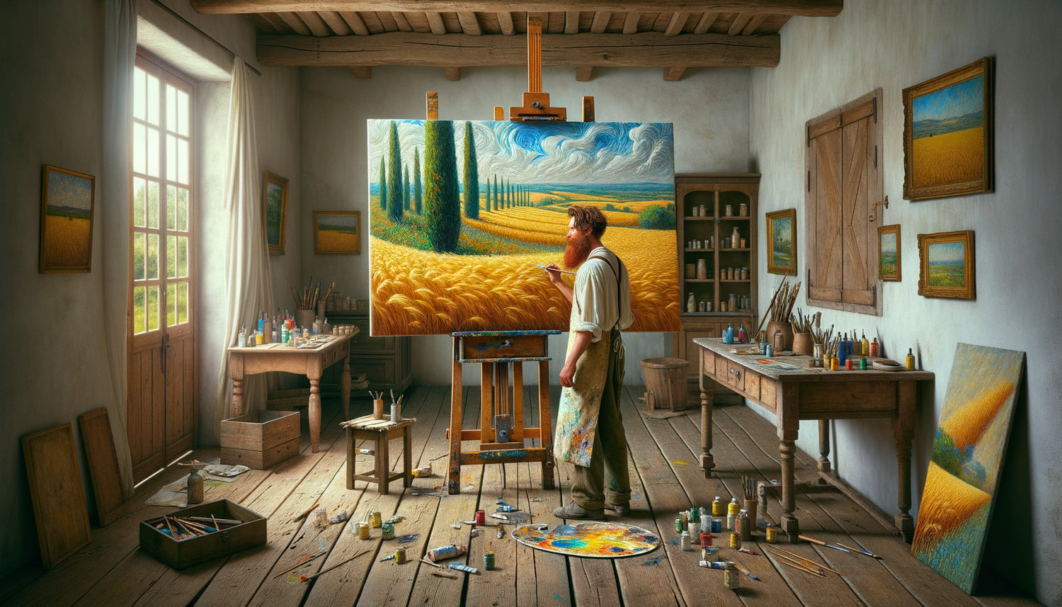 Van Gogh peignant un paysage de mémoire dans son atelier post-impressionniste, fin 19ème siècle