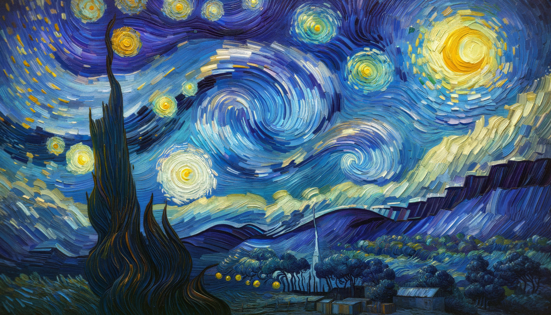 Détail des spirales tourbillonnantes caractéristiques du style de Van Gogh, coups de pinceau épais en bleu et jaune