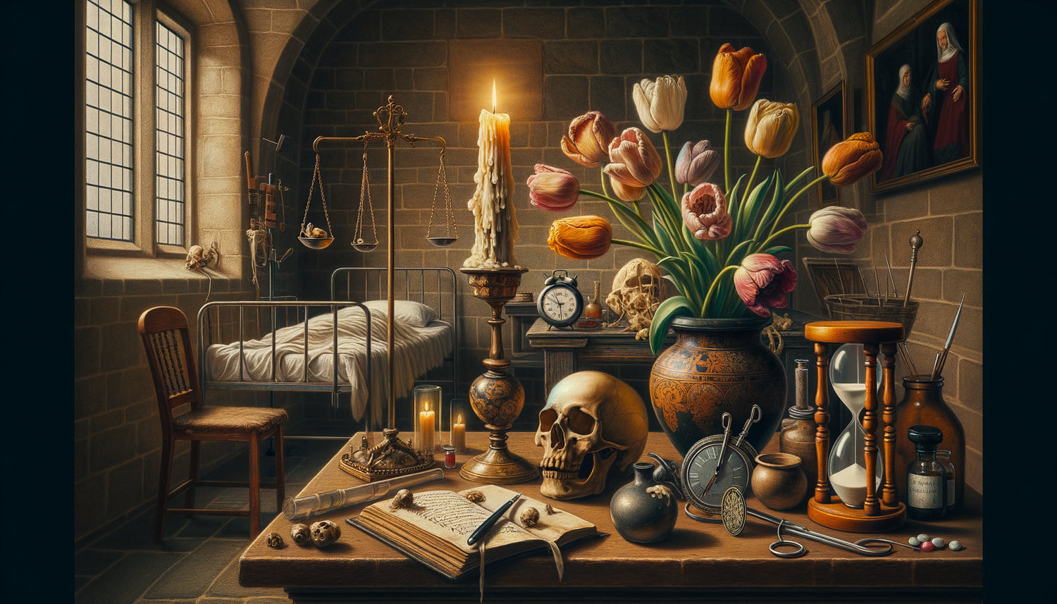 Vanité flamande du XVIe siècle avec crâne, bougie et fleurs fanées dans un hôpital Renaissance