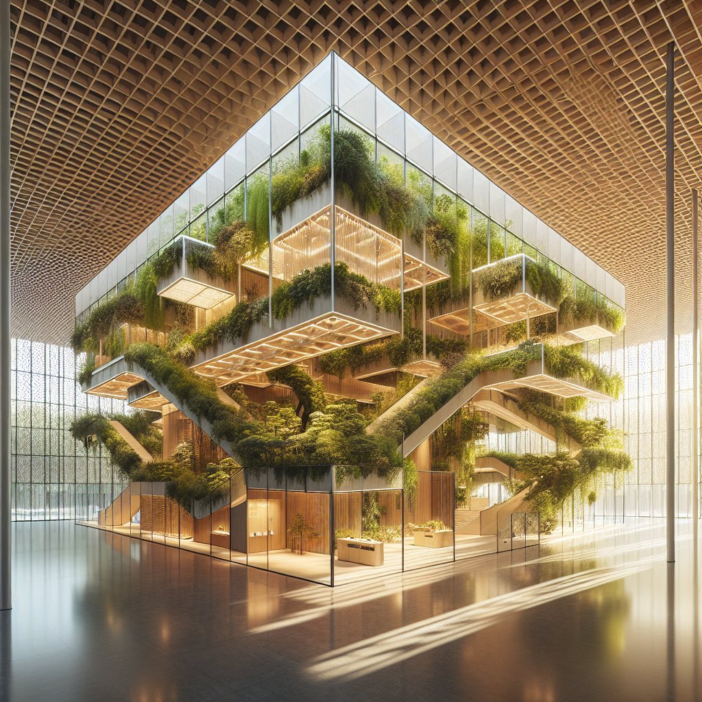Architecture regenerative moderne avec murs vegetaux et structures durables pour la Biennale de Venise 2025