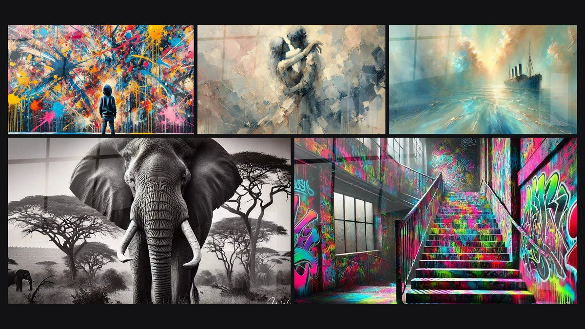 Mosaic of five paintings, including Paint Bursts, Between Us and Silent Strength