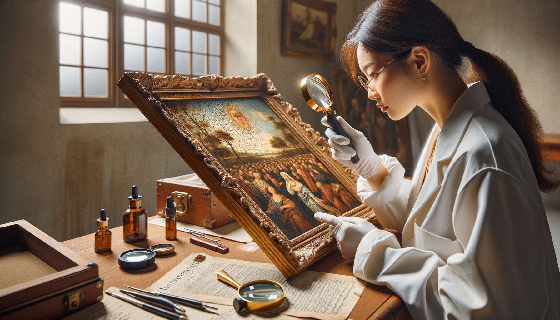 Expert en art examinant l'authenticité d'un tableau ancien avec loupe et lumière UV, documents de provenance visibles