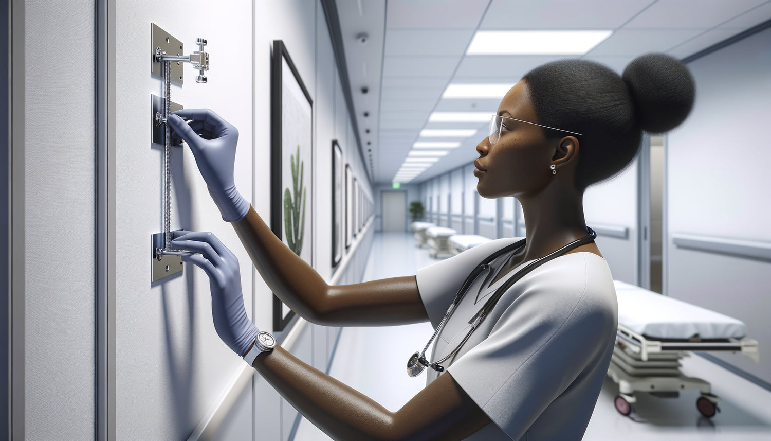 Professionnel de santé vérifiant la solidité d'une fixation murale pour tableau dans un corridor d'hôpital moderne