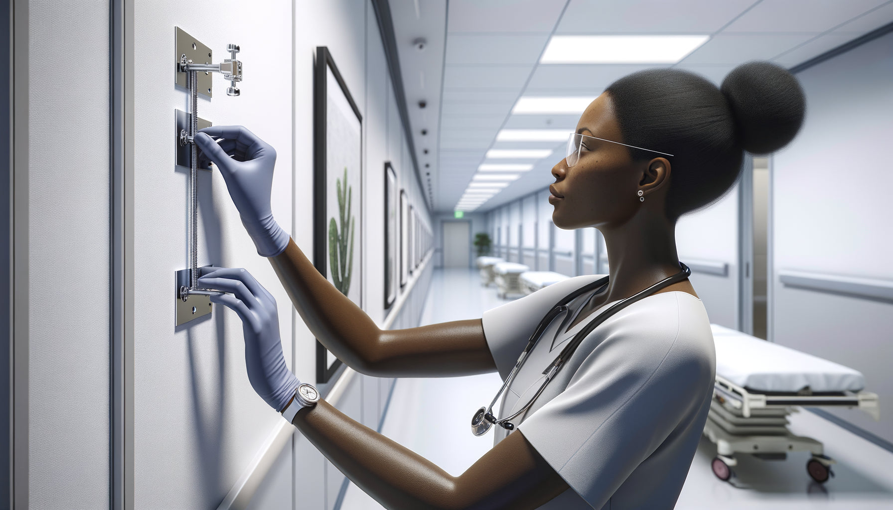 Professionnel de santé vérifiant la solidité d'une fixation murale pour tableau dans un corridor d'hôpital moderne