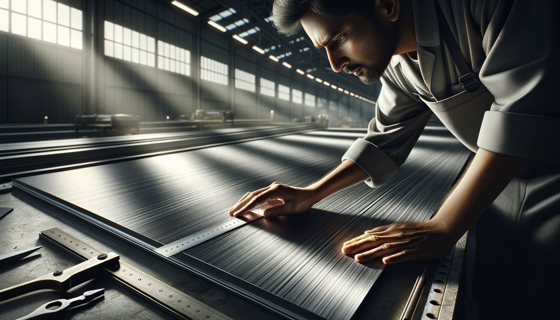 Artisan vérifiant la planéité d'un panneau composite avec une règle droite sous éclairage rasant en atelier professionnel