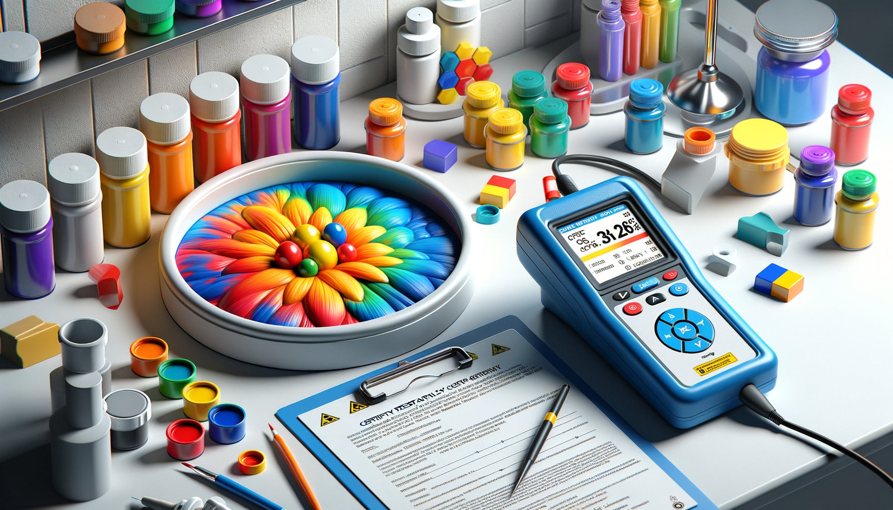 Test de détection de métaux lourds sur pigments d'un tableau pour enfant avec appareil d'analyse en laboratoire moderne