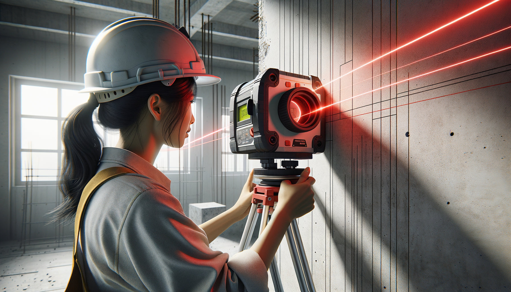 Professionnel vérifiant la perpendicularité d'un mur avec un niveau laser rotatif projetant des lignes de référence précises