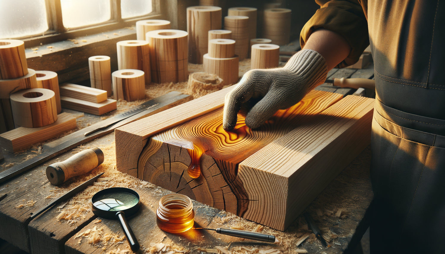 Gros plan sur inspection de résine dans bois brut en atelier artistique, détection tactile et visuelle