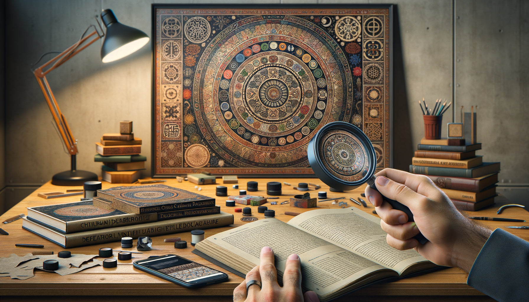 Examen attentif d'un tableau avec loupe pour identifier symboles culturels, livres de recherche et notes sur bureau