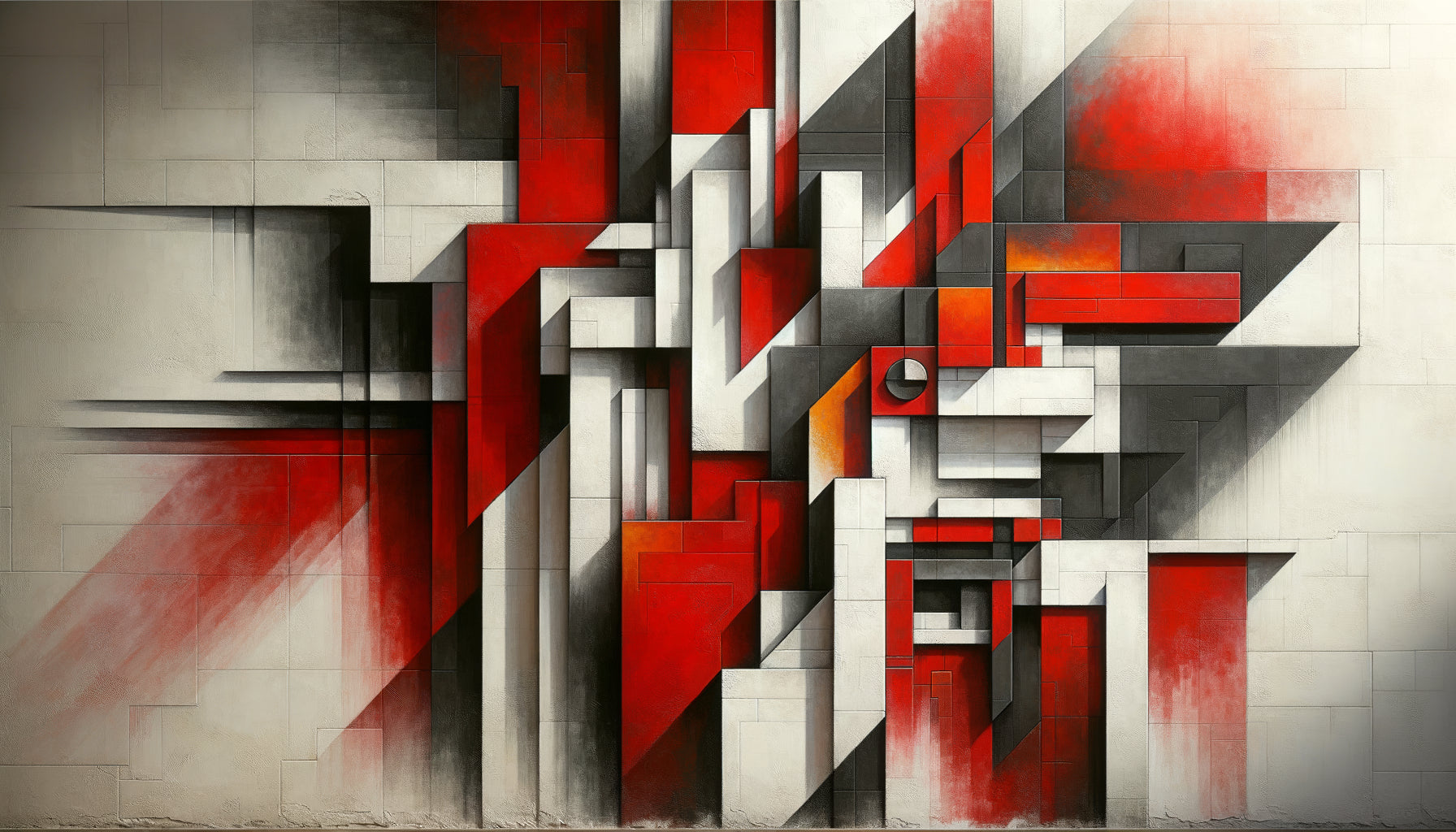 Détail de fresque murale abstraite dominée par le vermillon au mercure, pigment rouge intense sur plâtre