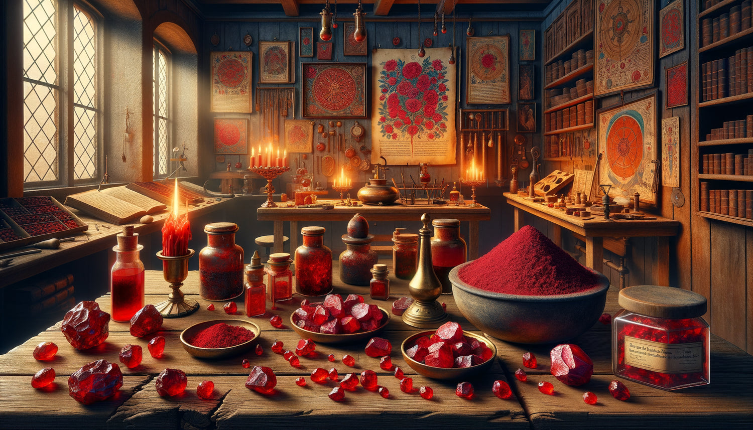 Atelier d'artiste historique montrant le pigment vermillon éclatant, cinabre brut et outils d'alchimiste pour préparer le sulfure de mercure