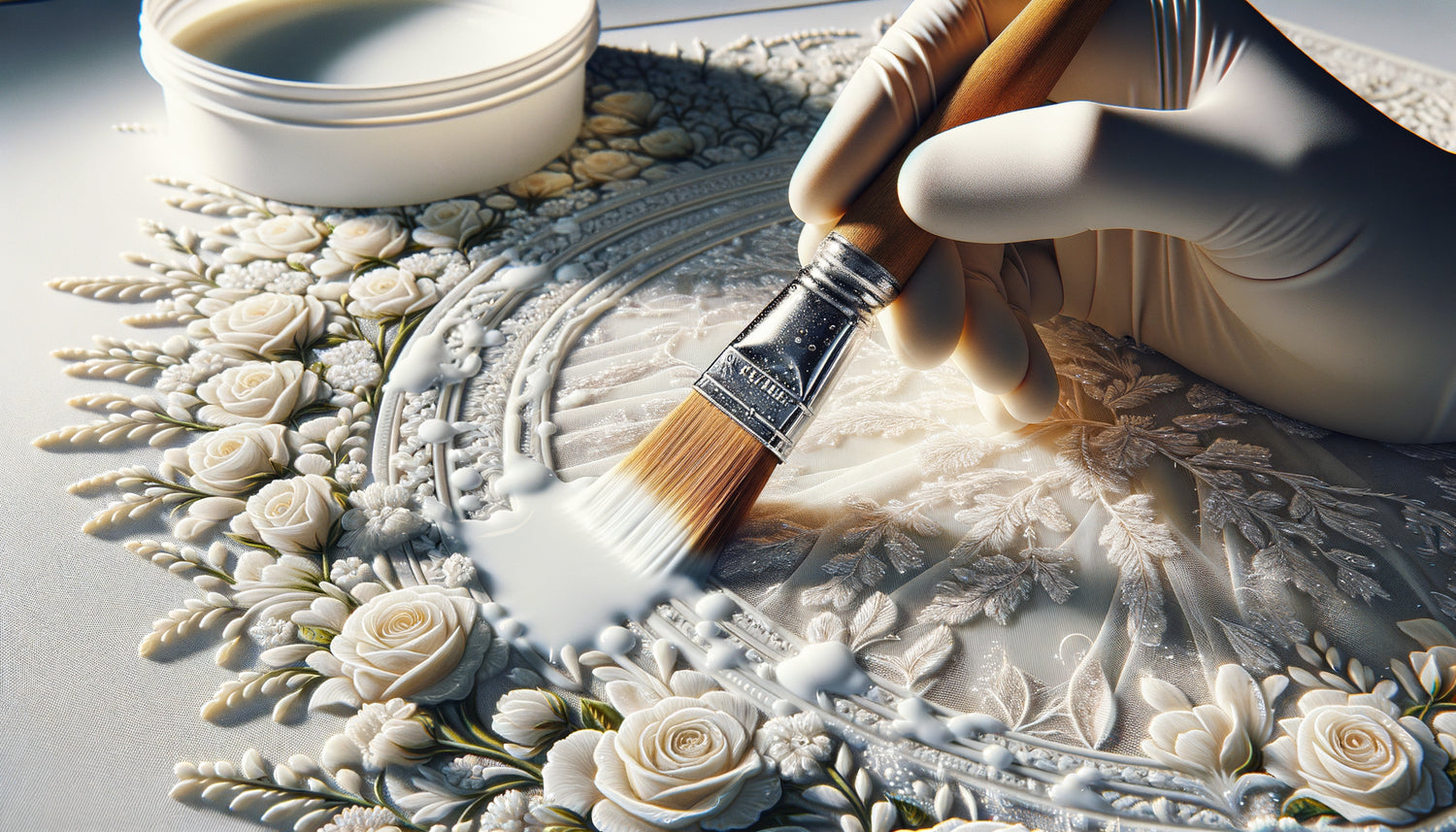 Application professionnelle de vernis acrylique UVLS sur robe de mariée peinte aux blancs éclatants