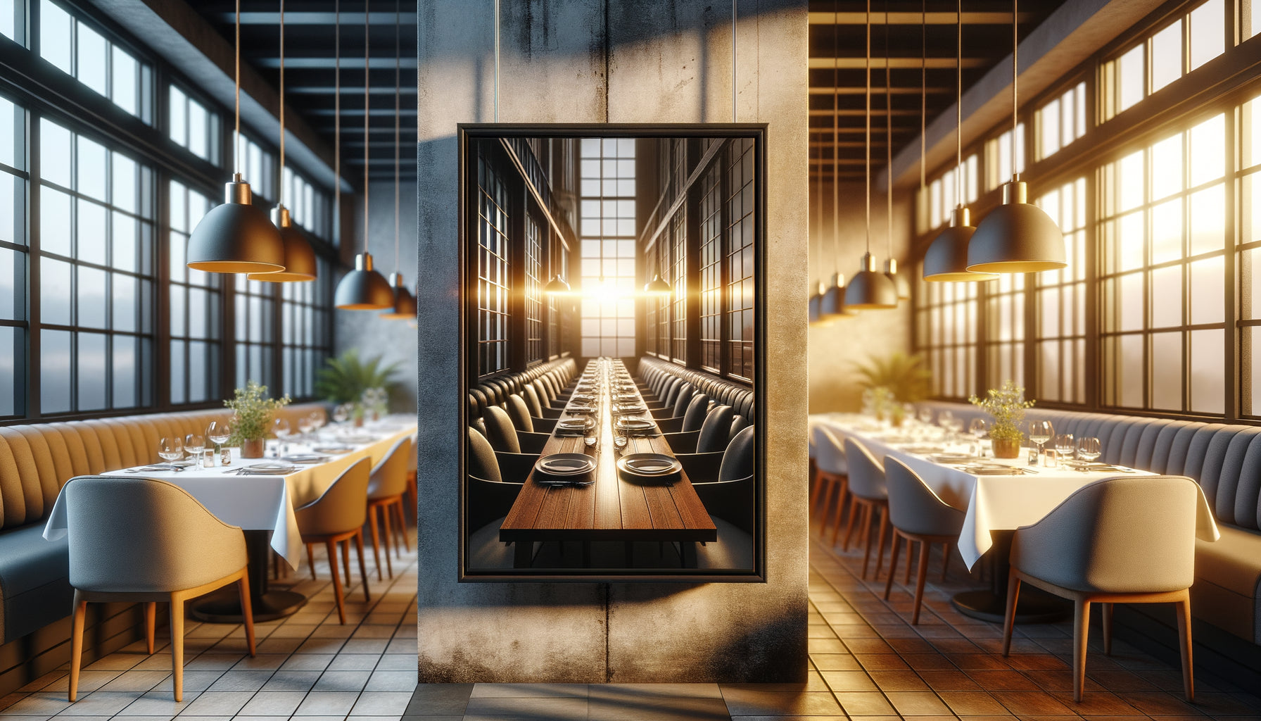 Comparaison vernis brillant avec reflets et vernis mat sans reflets sur tableaux dans restaurant éclairé