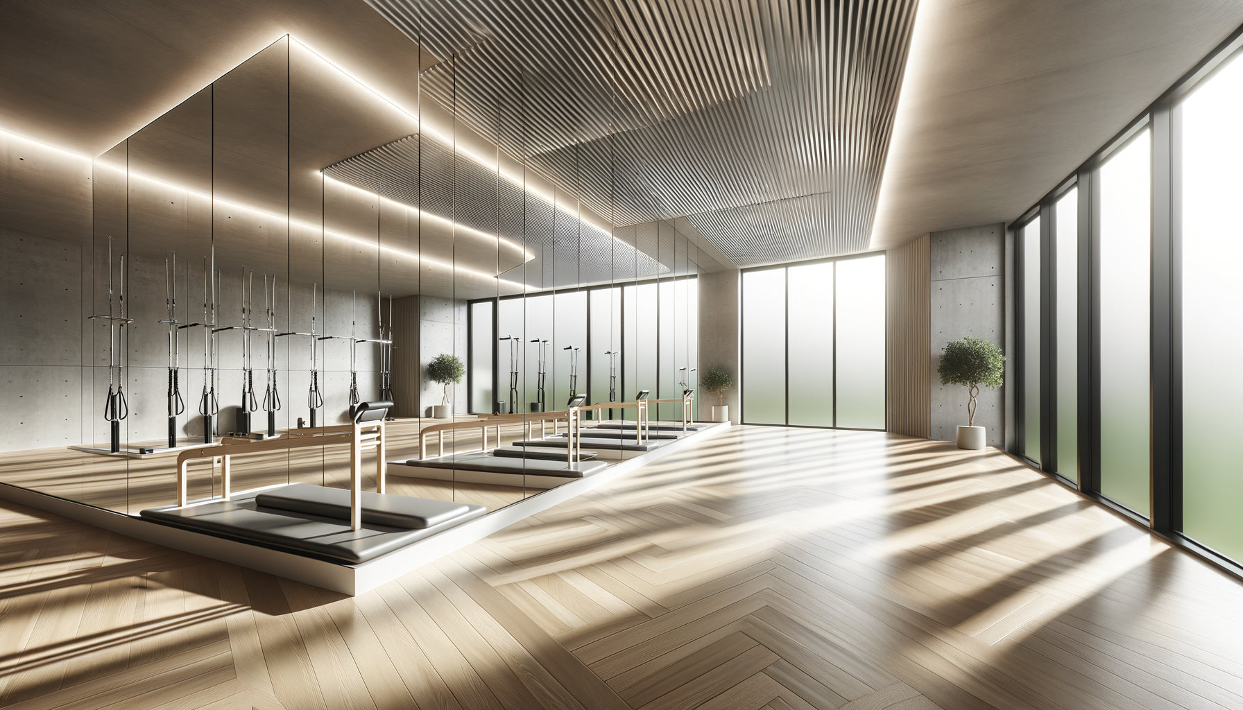 Studio de Pilates moderne avec miroirs muraux montrant la différence entre parquet vernis mat et satin face aux reflets lumineux