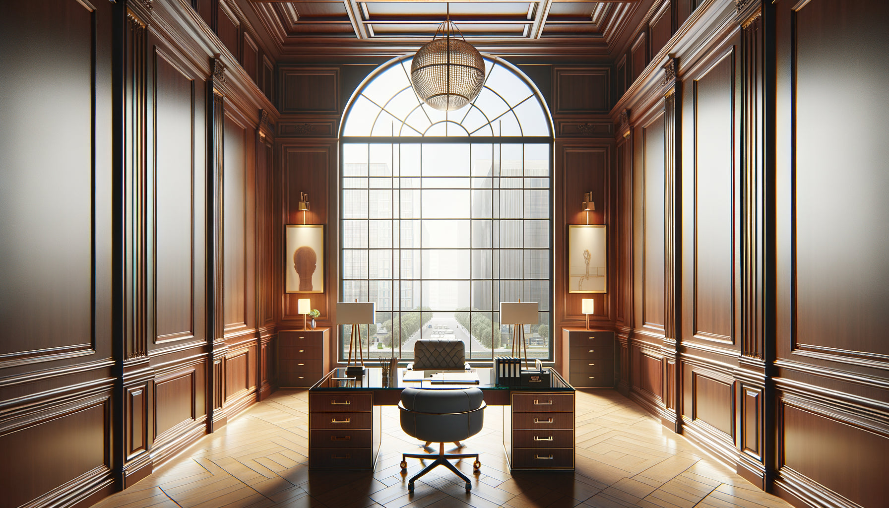 Tableau encadré avec verre anti-reflet dans cabinet professionnel face à une fenêtre lumineuse, aucun reflet visible