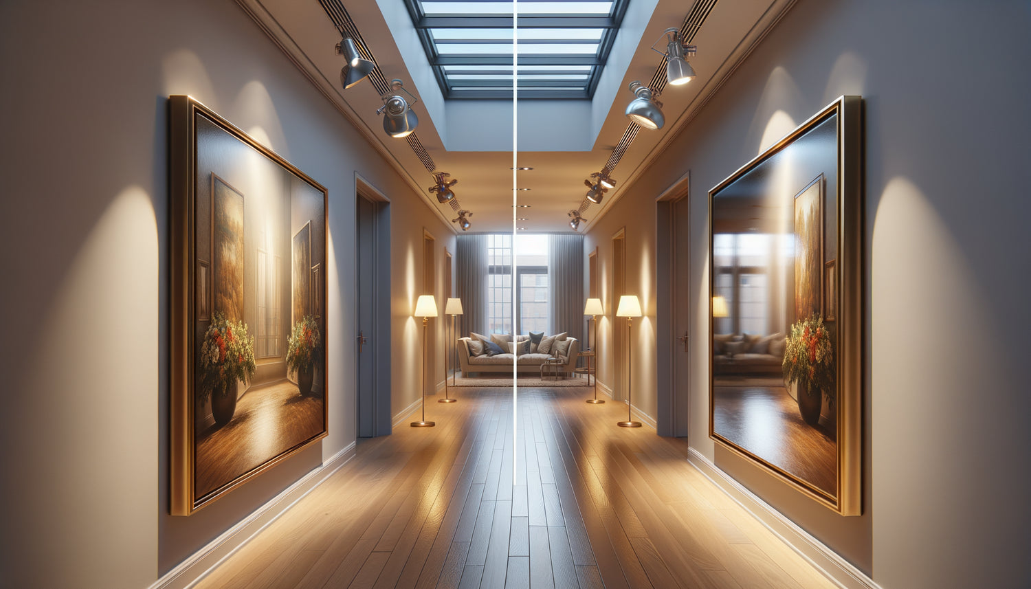 Comparaison verre standard versus verre anti-reflet sur tableau de couloir avec éclairage LED artificiel