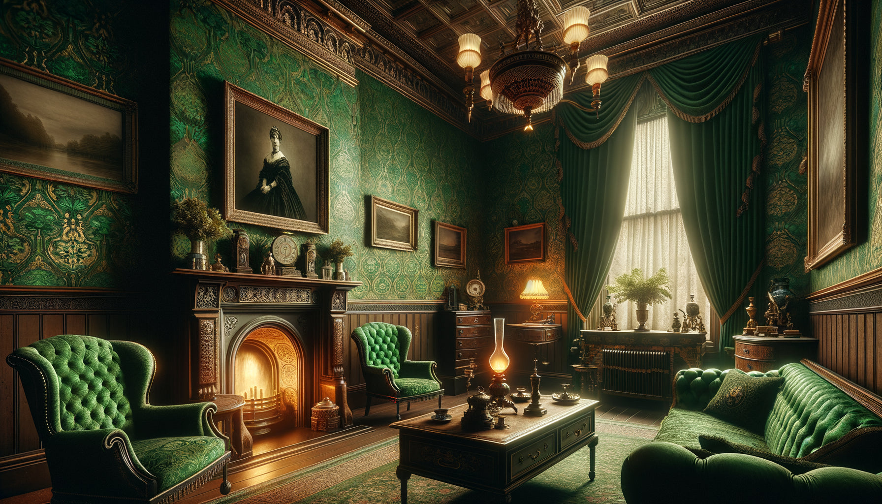 Intérieur victorien des années 1870 avec papier peint vert de Scheele arsenical, mobilier élégant et atmosphère domestique bourgeoise