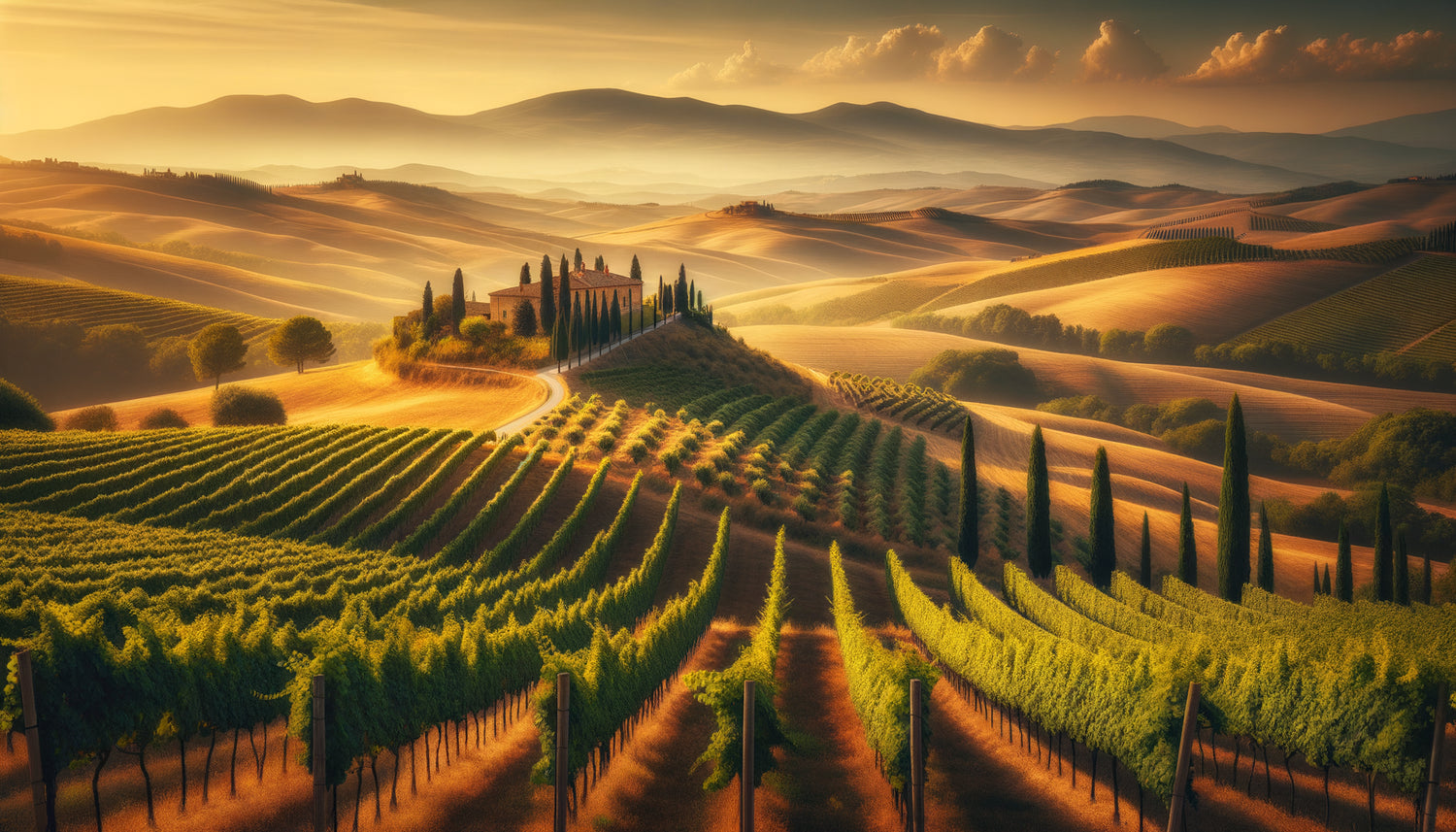 Photographie de vignoble toscan au coucher de soleil avec rangées de vignes, cyprès et ferme traditionnelle en pierre