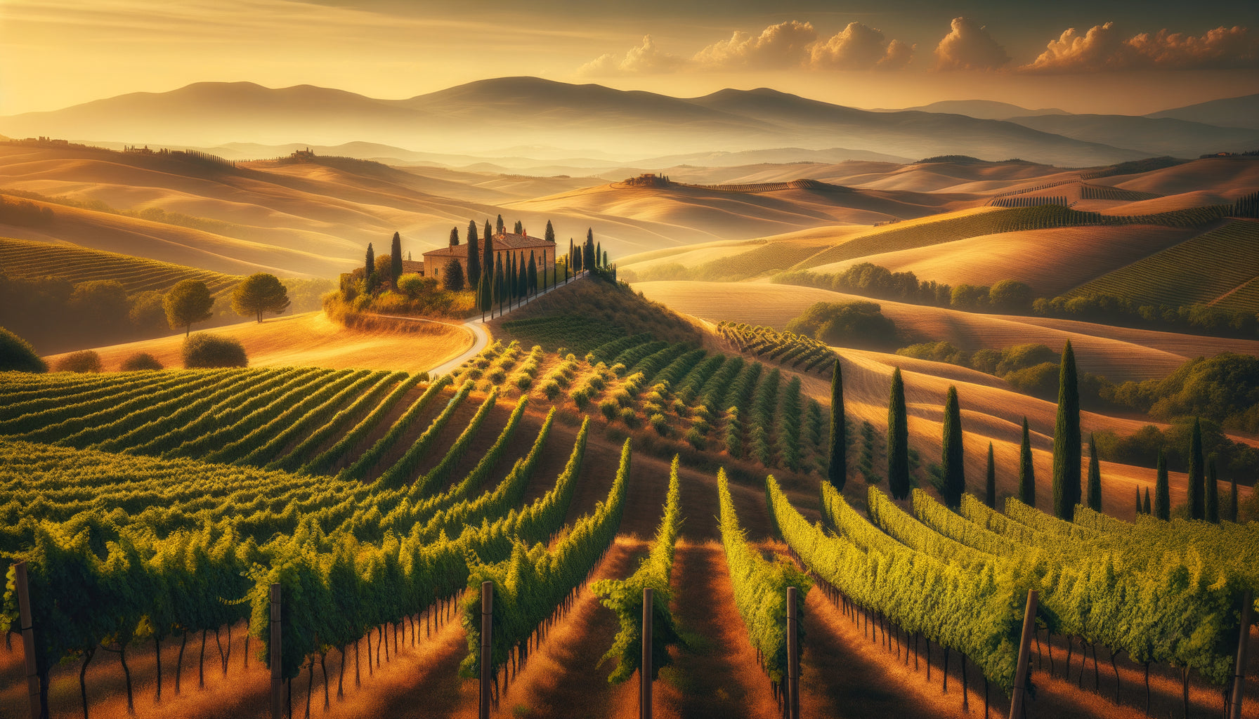 Photographie de vignoble toscan au coucher de soleil avec rangées de vignes, cyprès et ferme traditionnelle en pierre