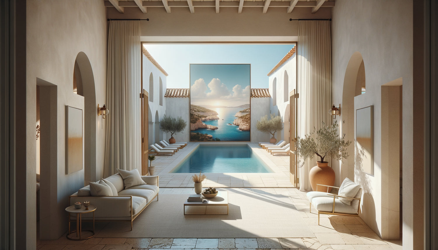 Intérieur de villa méditerranéenne avec tableau prolongeant visuellement le paysage côtier extérieur, transition harmonieuse intérieur-extérieur