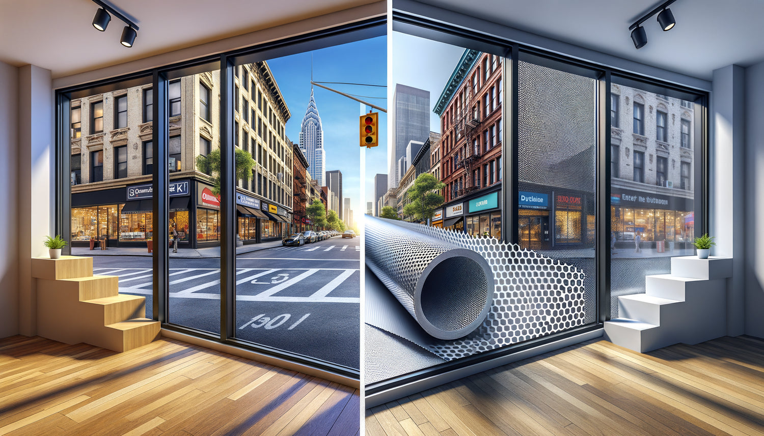 Vue comparative vitrine avec vinyle micro-perforé : visibilité extérieure publicitaire et transparence intérieure grâce aux perforations