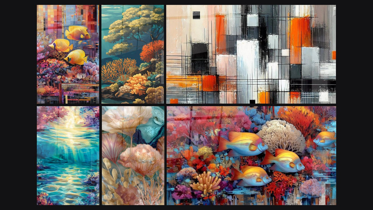 Mosaico di sei quadri, tra cui Con pesci tropicali e corallo, Corallino a barriera e Riccio corallino luminoso
