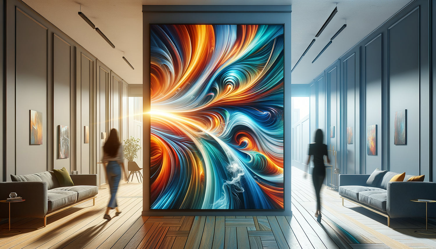 Comparaison vision périphérique : œuvre abstraite versus figurative dans couloir moderne en mouvement