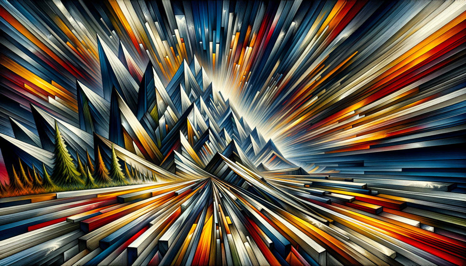 Paysage vorticiste britannique 1914-1915, nature géométrisée en formes angulaires dynamiques style Wyndham Lewis