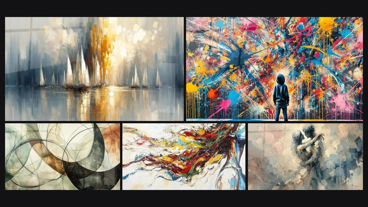 Mosaico di cinque quadri, tra cui Alba sulla Baia, I Legami Invisibili e Schizzi di Pittura