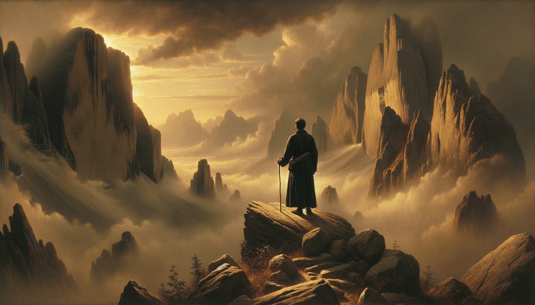 Peinture romantique du 19ème siècle montrant un voyageur solitaire contemplant un paysage montagneux sublime dans le style de Caspar David Friedrich