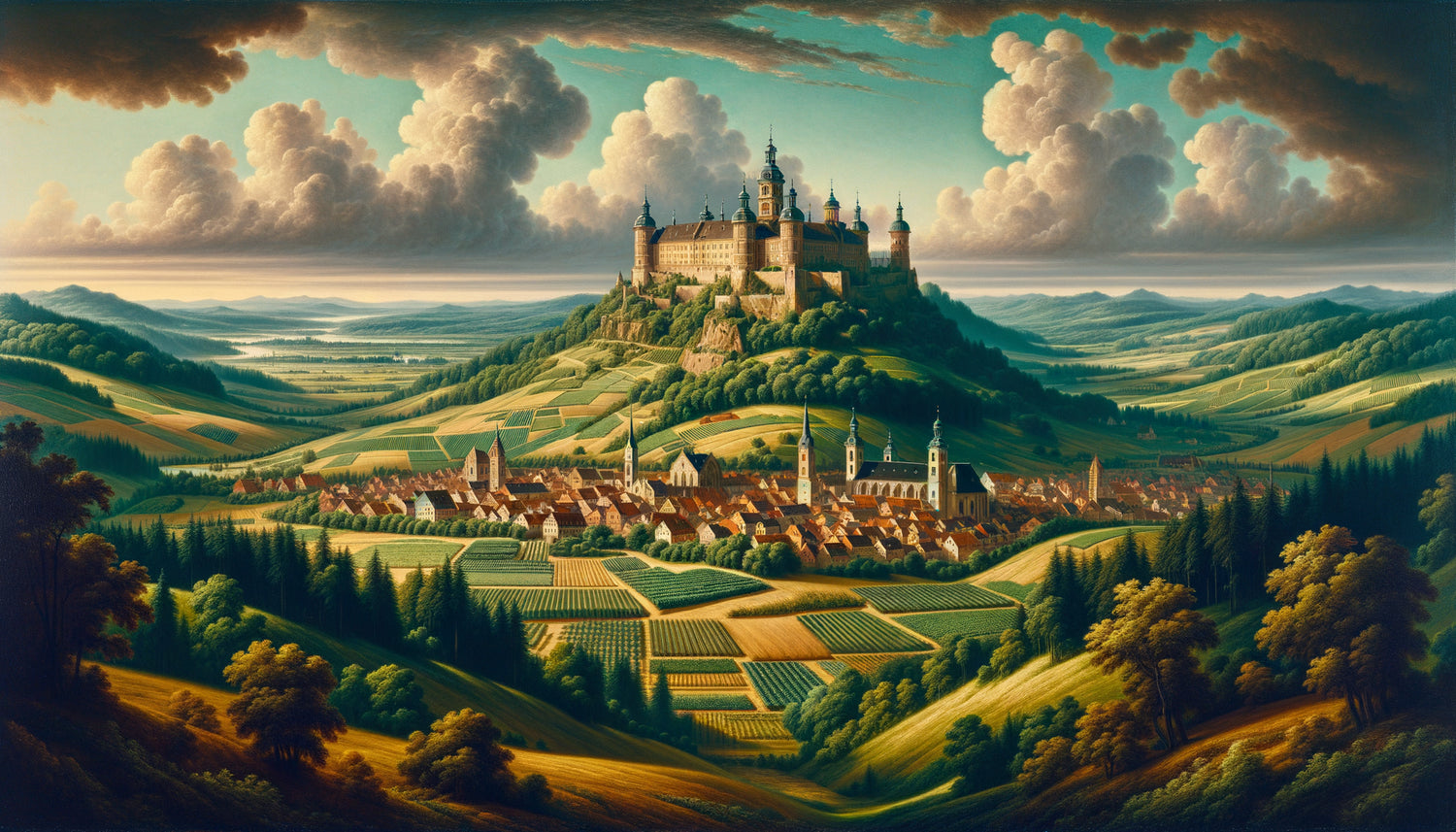 Peinture topographique baroque allemande du 18ème siècle représentant un territoire princier avec château, ville et paysages ordonnés