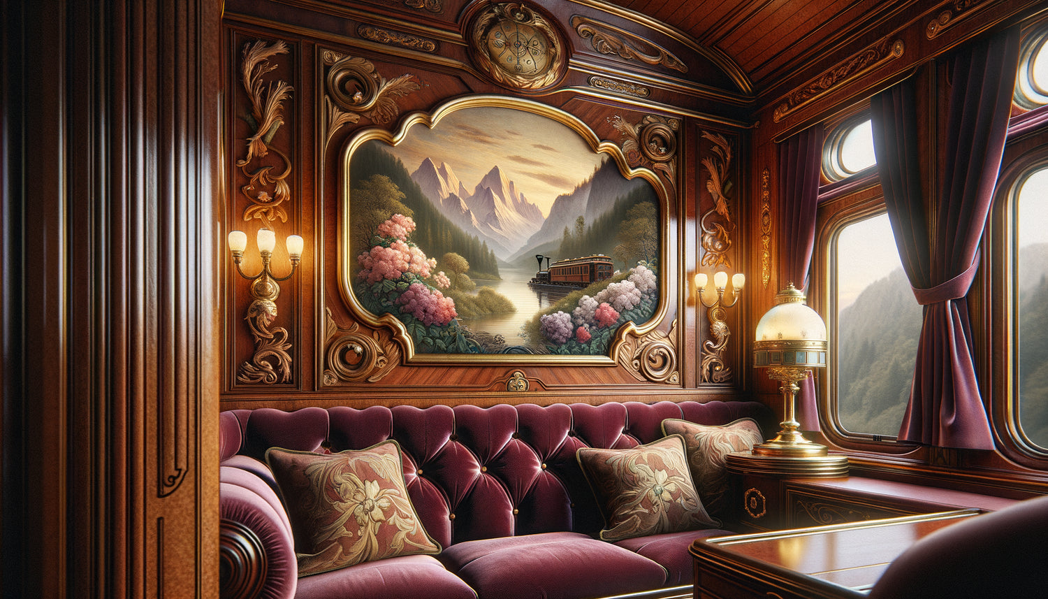 Intérieur wagon-lit luxueux Belle Époque 1900 avec tableau mural paysage encadré et décoration Art Nouveau raffinée