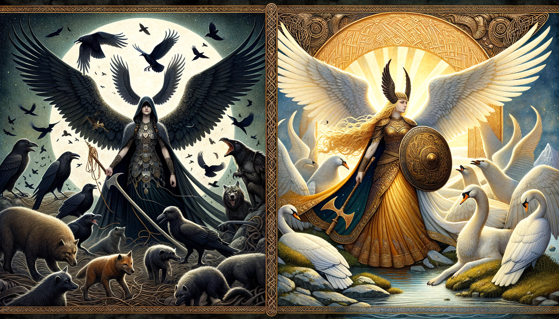 Contraste entre Walkyrie germanique sombre et Walkyrie scandinave lumineuse, art médiéval nordique traditionnel
