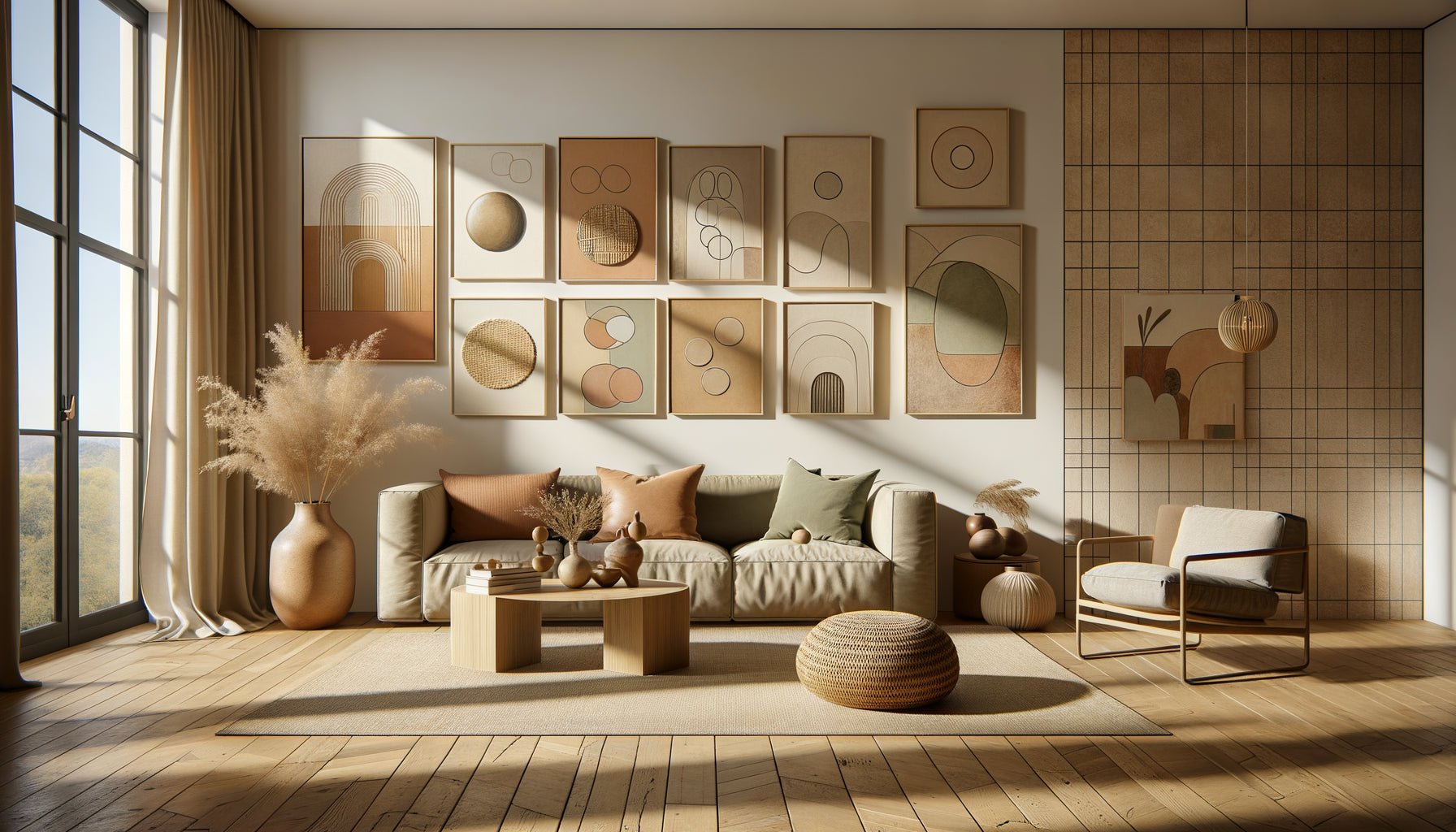 Intérieur contemporain automne 2025 avec mur décoré dans le style warm minimalism, œuvres d'art aux tons terreux et textures naturelles, ambiance chaleureuse et épurée