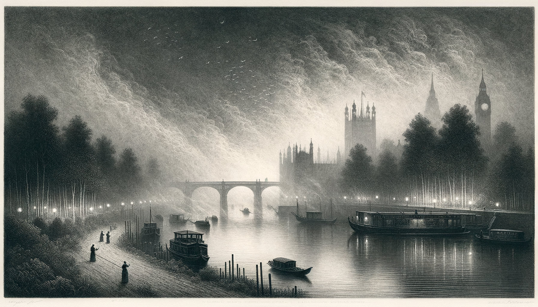 Eau-forte nocturne de Whistler représentant la Tamise londonienne disparaissant dans le brouillard atmosphérique monochrome des années 1870