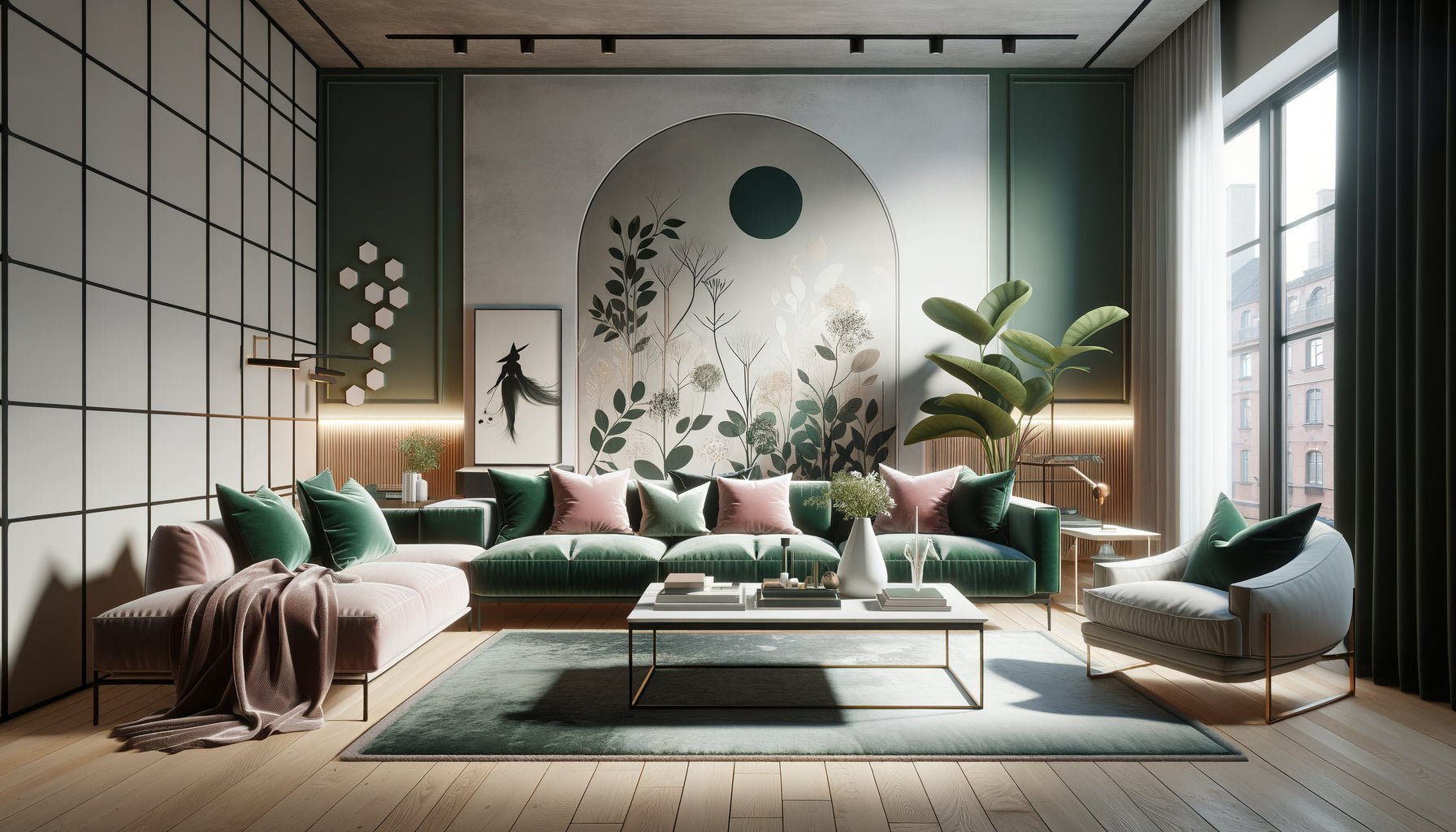 Salon moderne décoré aux couleurs du film Wicked : mur orné d'art mural vert émeraude et rose poudré inspiré des personnages Elphaba et Glinda, tendance déco 2024