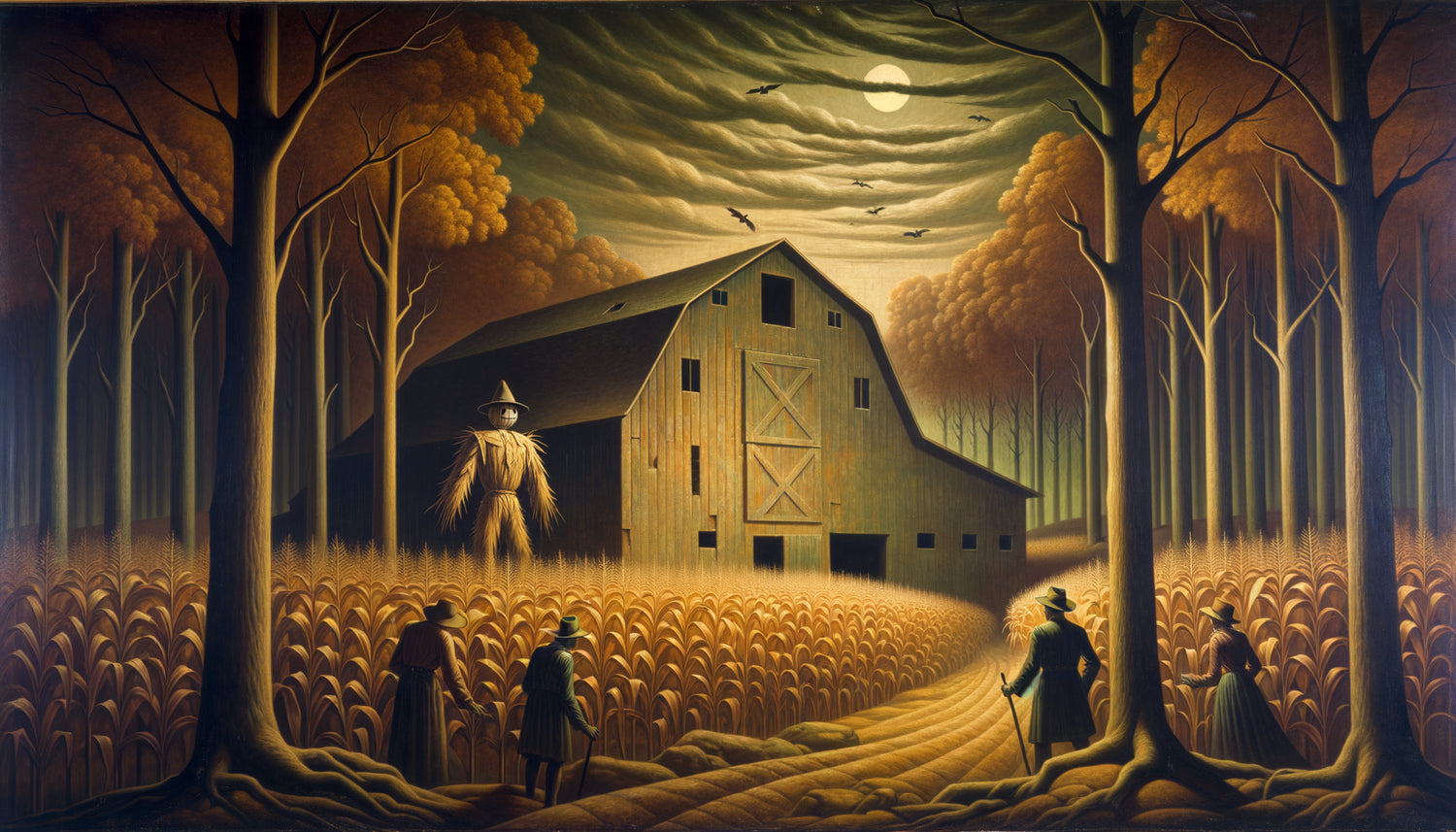 Fresque murale style WPA années 1930 représentant folklore rural américain inquiétant avec figures mystérieuses dans champs