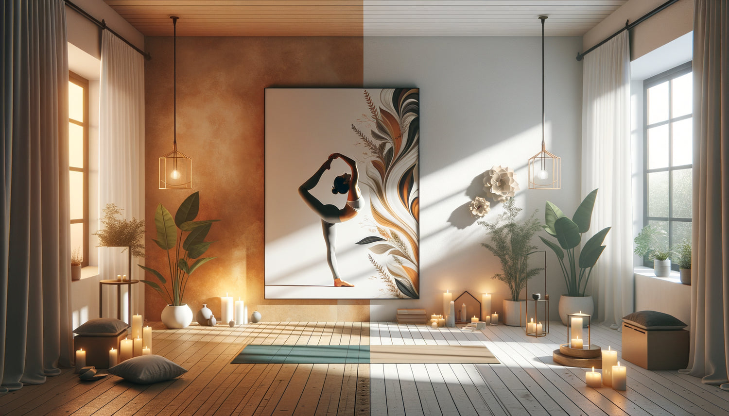 Contraste entre espace yoga avec affiches de postures parfaites et sanctuaire authentique chaleureux sans pression de performance