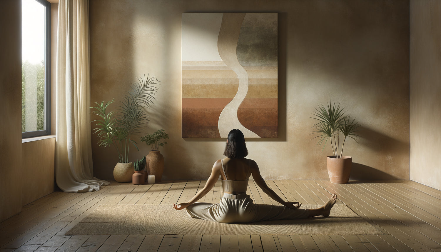 Pratique de yoga Yin dans espace épuré avec tableau abstrait aux tons terreux ocre et argile