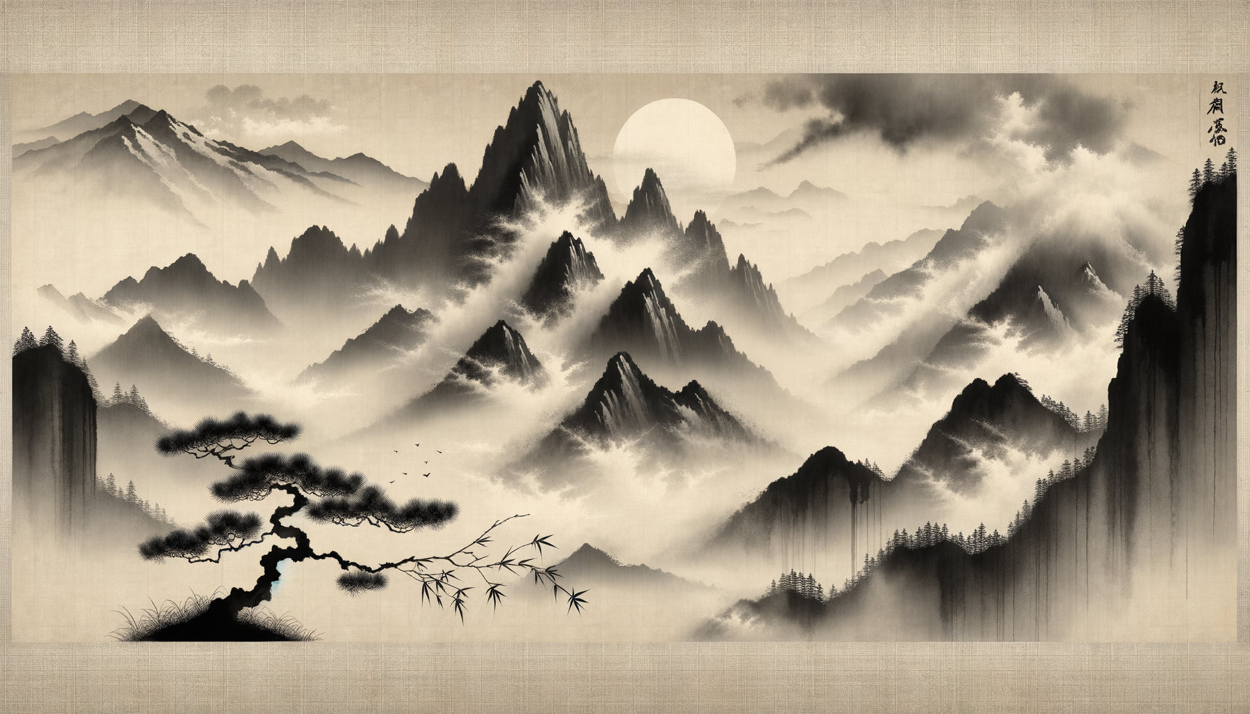 Peinture zen japonaise traditionnelle à l'encre illustrant le concept de yūgen avec montagnes brumeuses et vide contemplatif