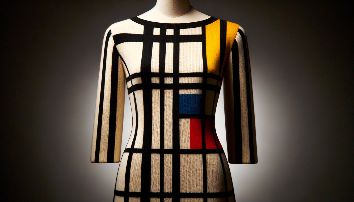 Robe Mondrian iconique d'Yves Saint Laurent 1965, lignes géométriques noires et couleurs primaires inspirées du néoplasticisme