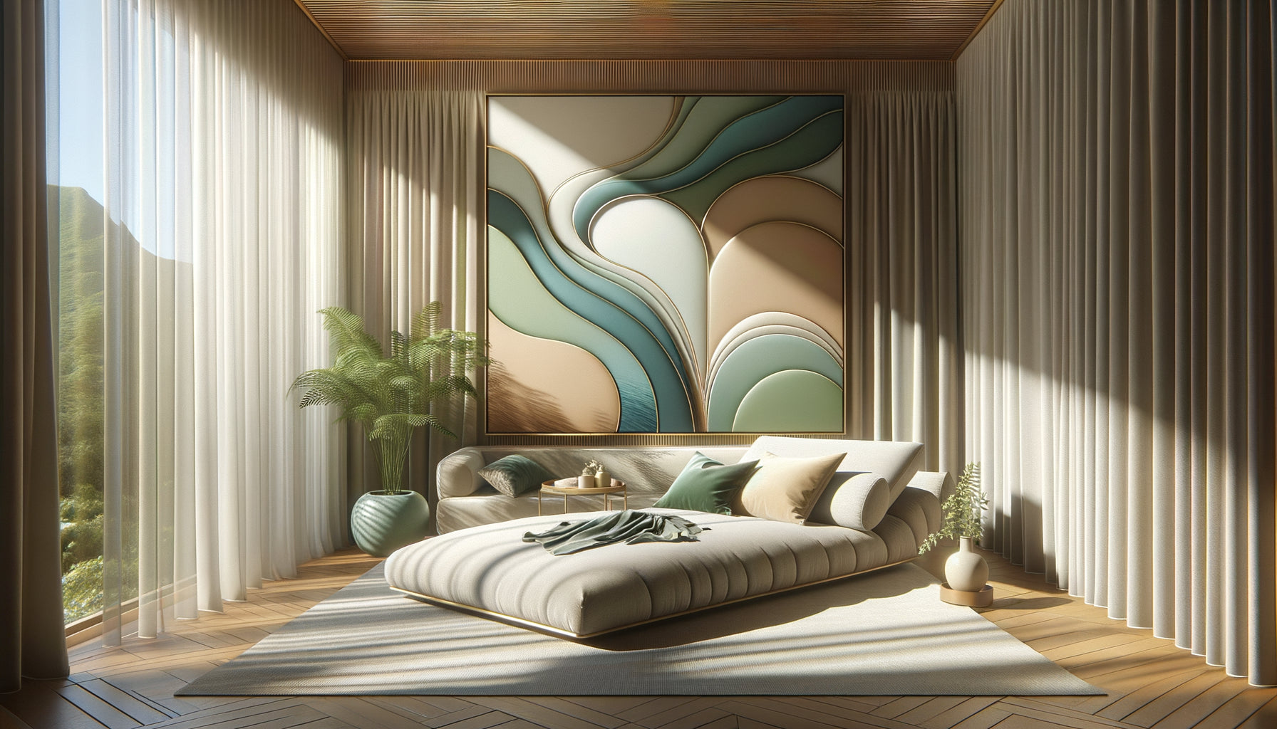 Zone de repos spa contemporaine avec tableau abstrait aux tons apaisants, conçue pour la relaxation post-soin neurologique