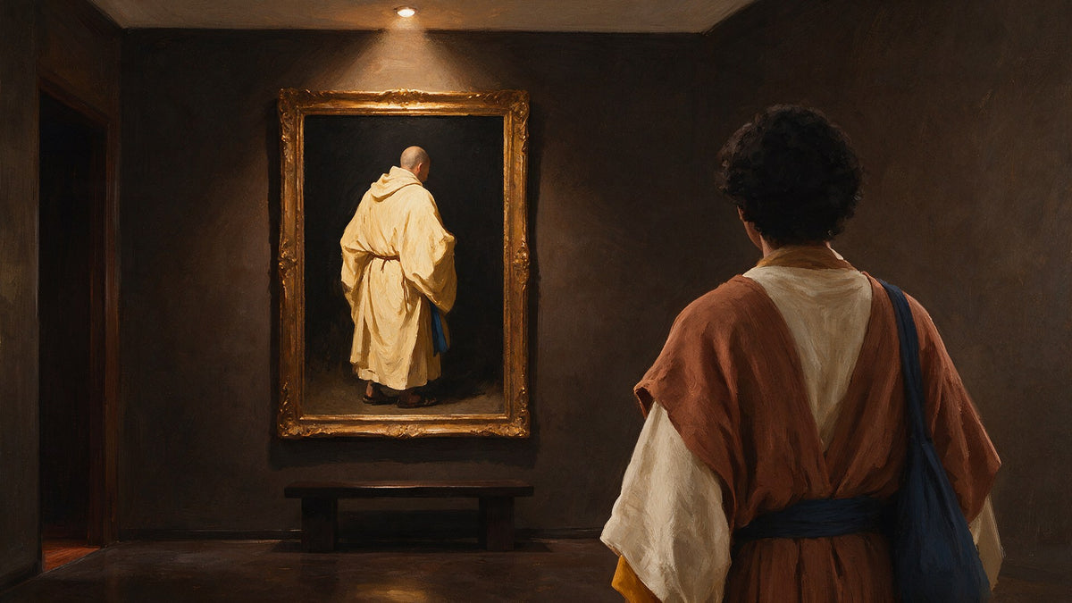 Un visiteur de dos devant un grand tableau sombre représentant un moine en habit blanc, dans une salle de musée feutrée.