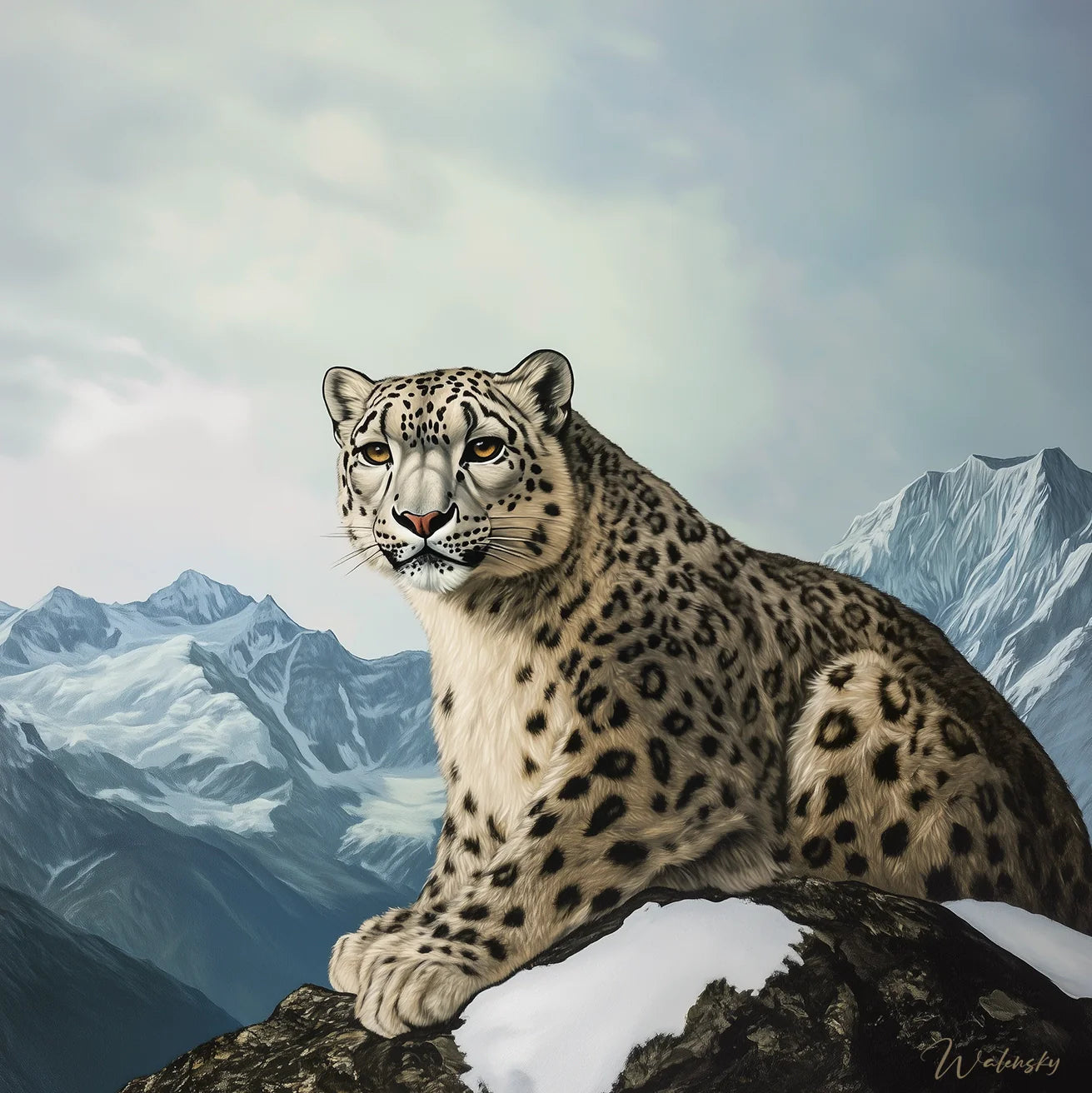 Tableau artistique d'une panthère des neiges majestueuse dans son habitat montagnard, œuvre d'art capturant la beauté rare de ce félin des sommets.