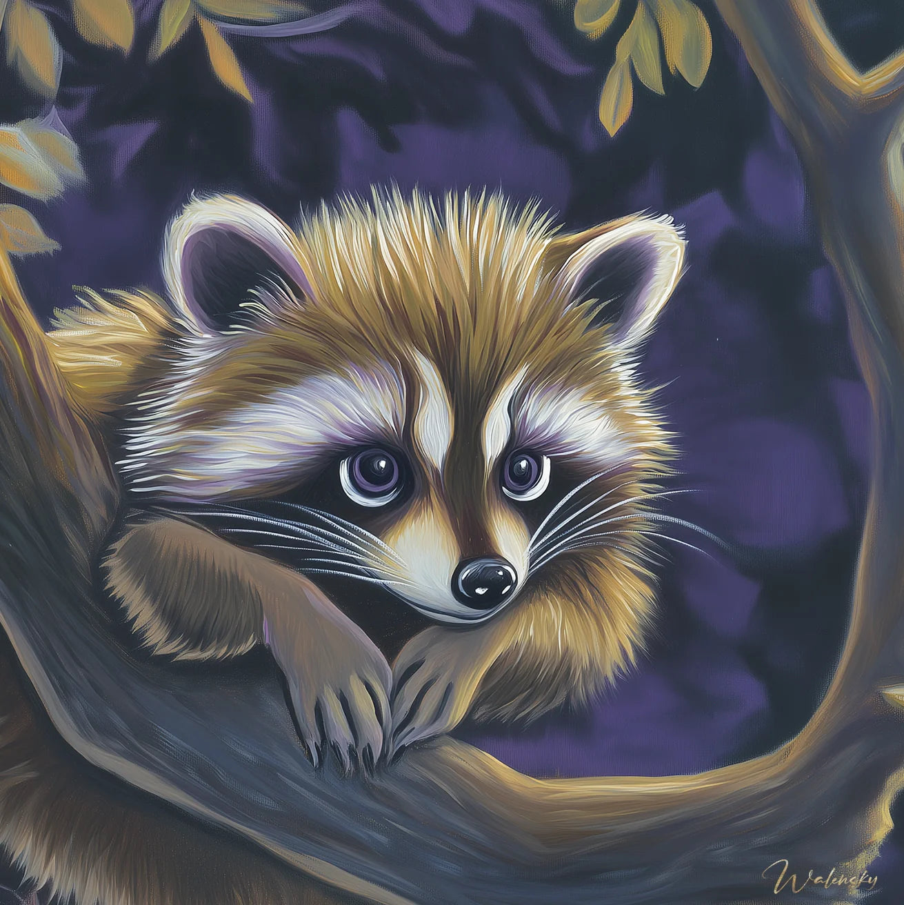 Œuvre d'art représentant un raton laveur curieux et espiègle, tableau animalier mettant en valeur l'intelligence et le charme de ce mammifère nocturne.