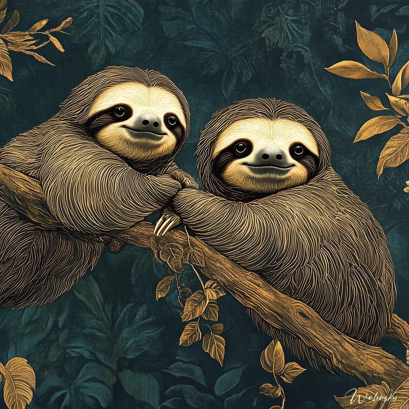 Œuvre d'art représentant un paresseux paisible dans son environnement tropical naturel, tableau animalier évoquant la sérénité et la détente.