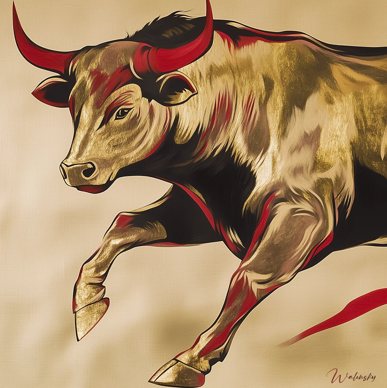 Œuvre d'art représentant un taureau puissant et majestueux, tableau animalier mettant en valeur la force et la noblesse de ce symbole de puissance.