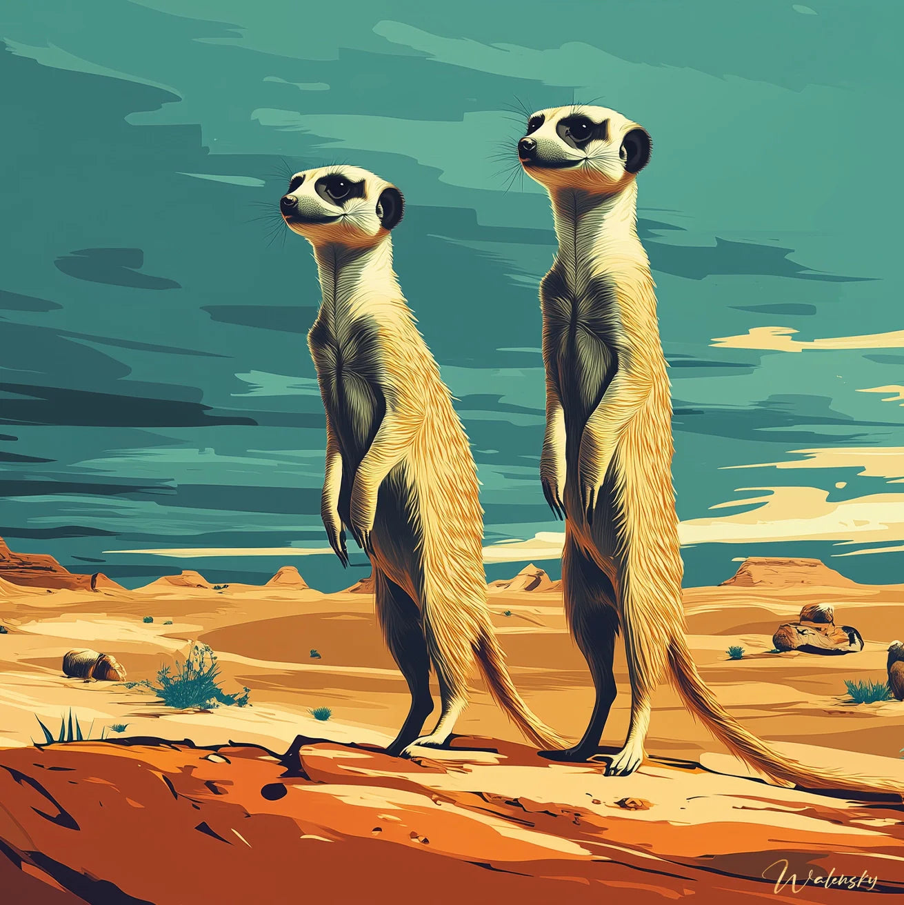 Tableau artistique représentant un suricate en position de surveillance, œuvre d'art animalier capturant la vigilance et l'esprit social de cette sentinelle africaine.