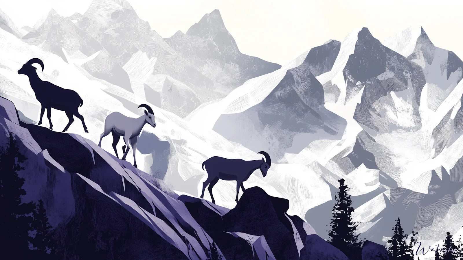 Tableau artistique représentant une chèvre des montagnes majestueuse dans son habitat rocheux naturel, œuvre d'art animalier de qualité professionnelle.