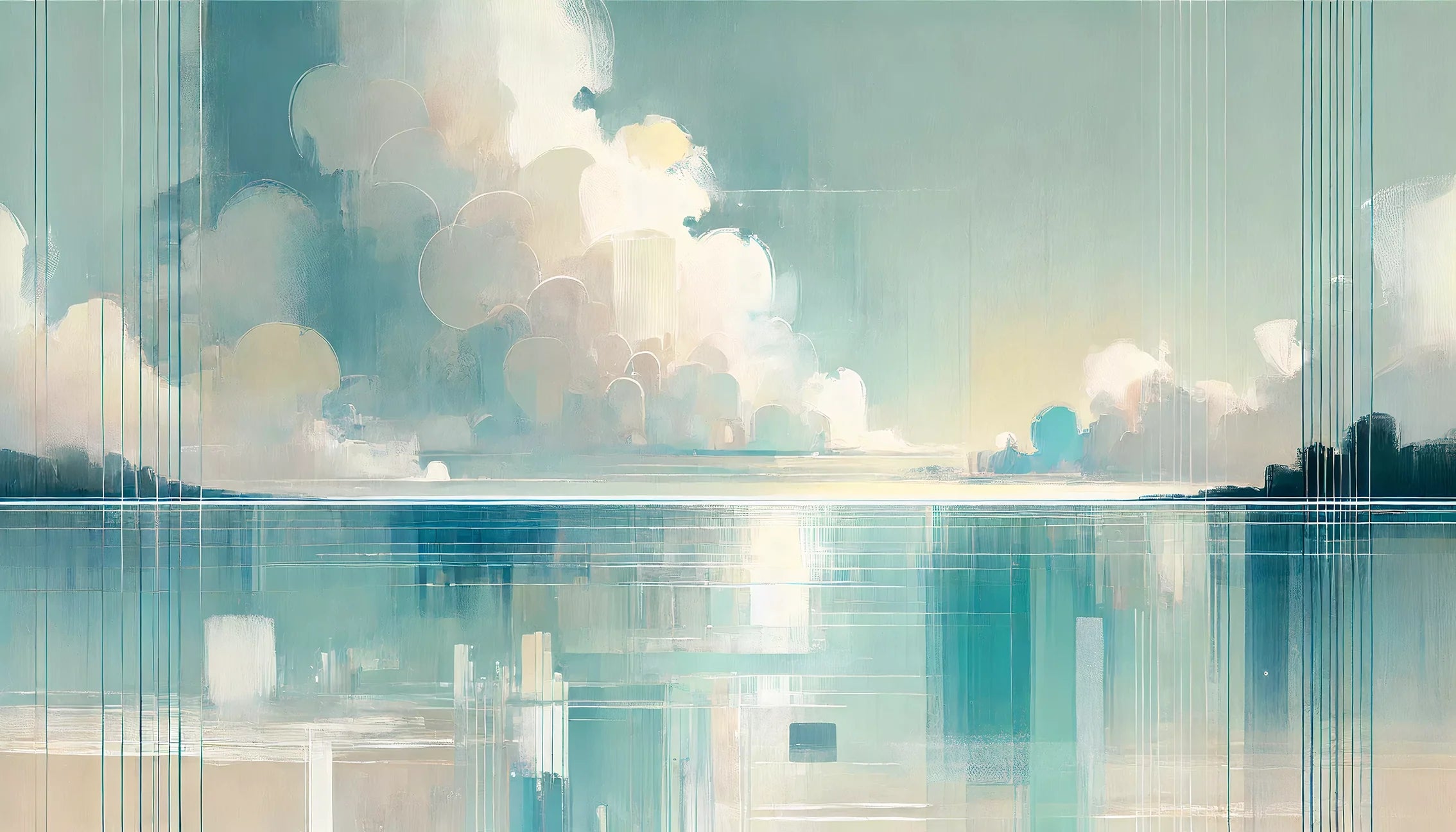 Tableau aux différentes nuances de bleu pour salle de bain, créant une atmosphère aquatique harmonieuse et apaisante qui complète parfaitement l'élément eau de l'espace.